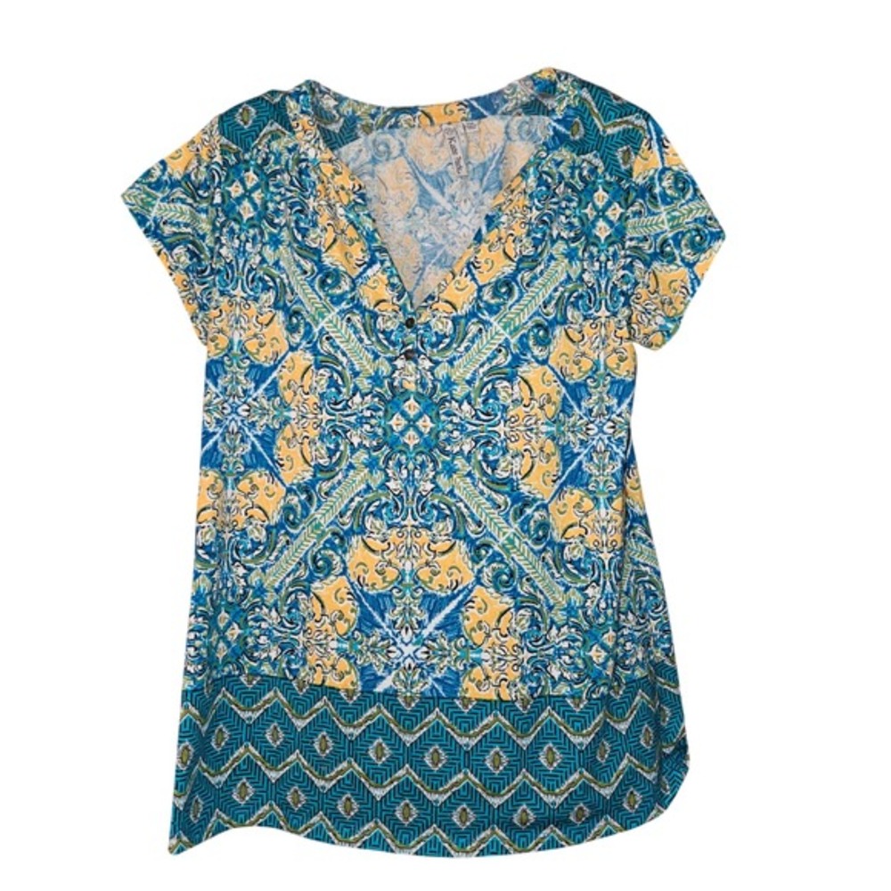 Kate Park Petite Medium Teal Yellow Medallion Geometric Split Neck Blouse Top